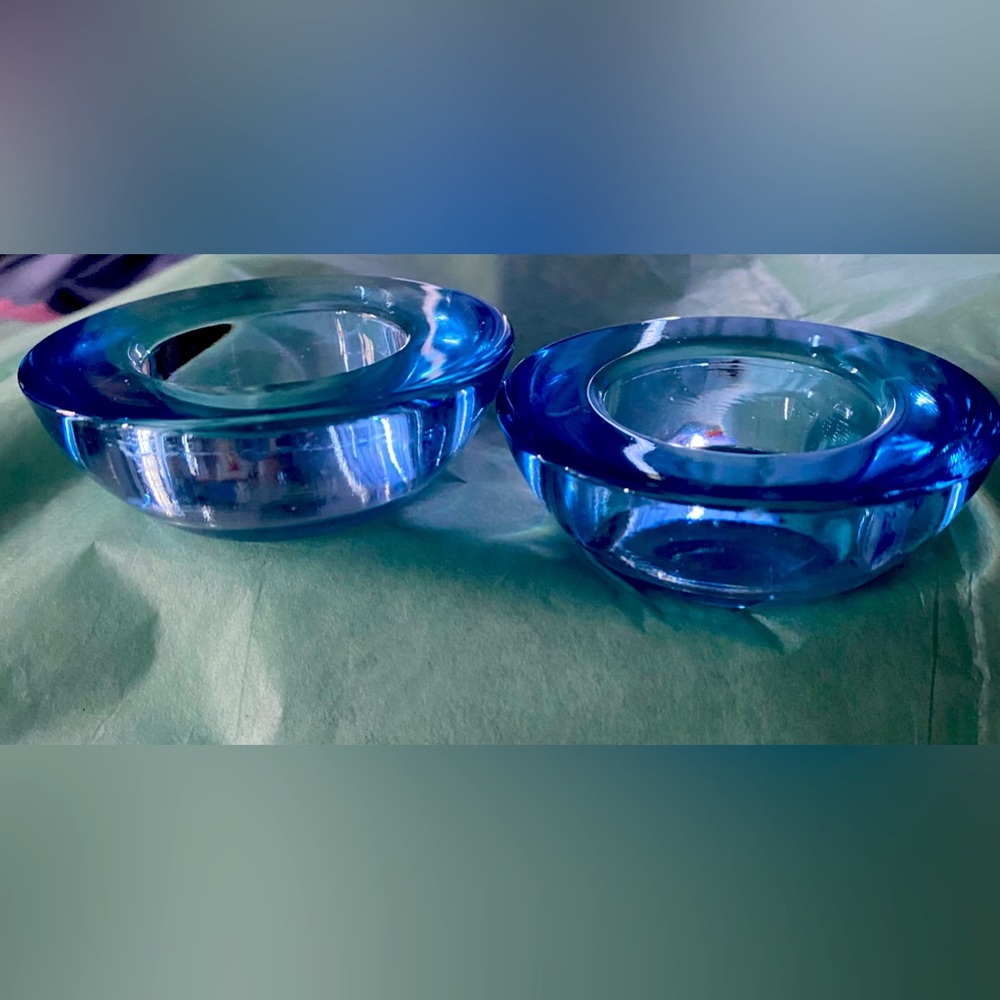 2 Blue Glass Candle holders